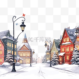 圣诞快乐，冬季风景，路灯和房屋