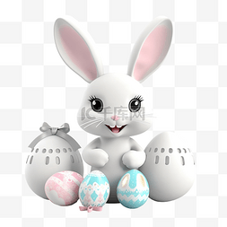送鸡蛋图片_3D 插图复活节问候与可爱的白色兔