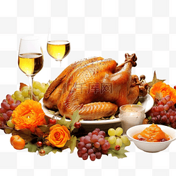 感恩节餐桌图片_烤鸡感恩节餐桌配有火鸡，装饰着