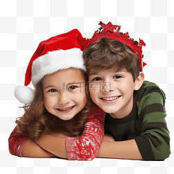 圣诞树旁戴着圣诞帽的孩子们躺在