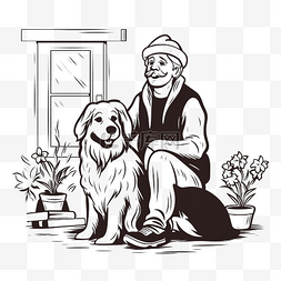 老年人坐着图片_手绘老人与狗坐在一起，涂鸦风格