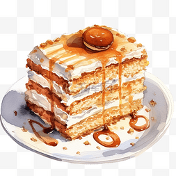 吃蛋糕牛奶图片_水彩插图拿铁黄油蛋糕