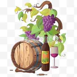 葡萄酒和酒桶图片_有葡萄树的酒桶小桶和酒瓶和玻璃
