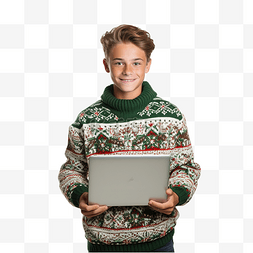 穿着圣诞毛衣拿着笔记本电脑的少