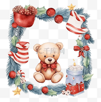 水彩插图集圣诞框架与圣诞袜和装饰品中的小熊