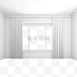 带窗框窗帘 3D 渲染的空房间的 3D 