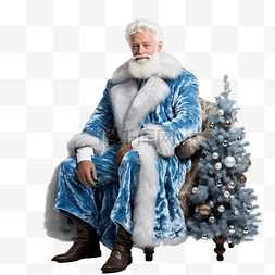 圣诞树附近穿着蓝色毛皮大衣的英