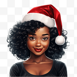 卡通肖像图图片_黑人女孩与圣诞圣诞老人帽子矢量