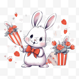 可爱的兔子角色兔子，带花束和胡