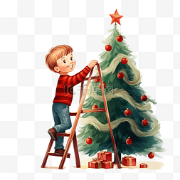 可爱的白人小男孩帮助装饰圣诞树