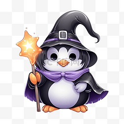 企鹅吉祥物图片_万圣节可爱的企鹅巫师，戴着帽子
