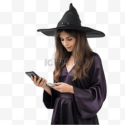 装扮成女巫的女孩在手机上举办在
