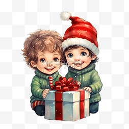 快乐的孩子与圣诞礼品盒可爱的小