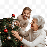 微笑的孙女和奶奶一起装饰精美的圣诞树