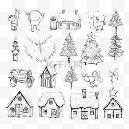 圣诞线描剪影图片_素描风格圣诞节单色插图集