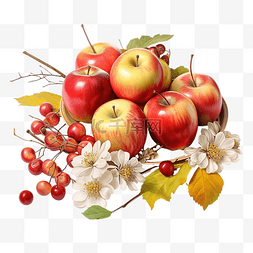 木花角图片_感恩节问候与成熟的苹果和白浆果