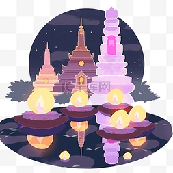漂浮文化图片_泰国寺庙洛伊水灯夜景与满月和灯
