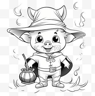 填色猪图片素材_使用服装女巫万圣节的可爱猪着色书