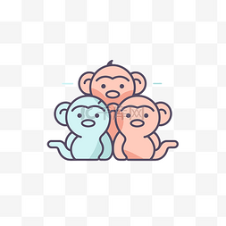 一群猴子坐在一起的线条插图 向