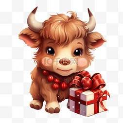 可爱的公牛携带圣诞礼品盒