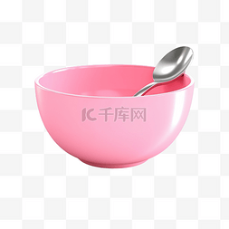 一个3d卡通粉色碗，里面有勺子和