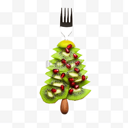 猕猴桃和石榴圣诞树用叉子和刀