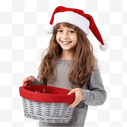 可爱的小女孩戴着圣诞帽，手里拿