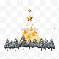 冬装饰图片_景观森林圣诞树和冬雪中的金色星