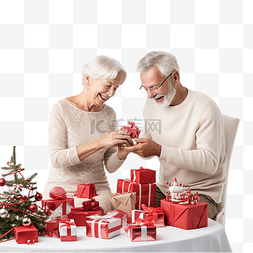 老夫妇准备圣诞礼物和装饰圣诞树