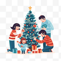 装饰圣诞树的幸福家庭的平面图