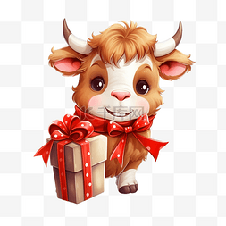牛吉祥物图片_可爱的公牛携带圣诞礼品盒