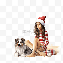 在海边的人图片_女孩和她的宠物狗在海边度过圣诞