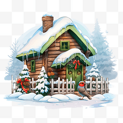圣诞红房子图片_带木栅栏和红腹灰雀鸟情侣的绿色