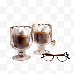 桌上放着咖啡和棉花糖的眼镜，上