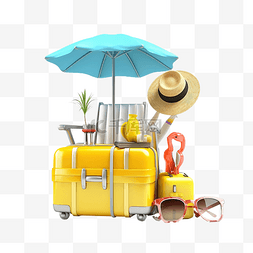 夏季旅行与黄色手提箱沙滩椅太阳