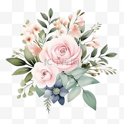 水彩花卉花束图片_水彩插花插圖花卉花束與玫瑰和綠