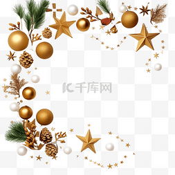 金色松枝图片_圣诞边框，树枝上有金球