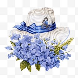 蓝色上面装饰图片_夏季帽子，上面有花蓝色风信子和