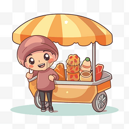 卡通小贩图片_卡通小孩出售街头食品车上的产品