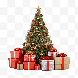 枞树下地板上不同的圣诞礼品盒