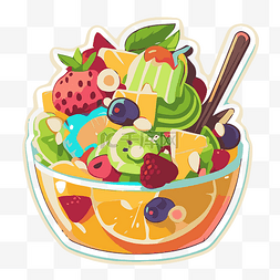 卡通水果沙拉图片_一碗水果和勺子剪贴画的贴纸 向