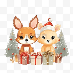 可爱的雪鹿图片_圣诞快乐庆祝可爱的狐狸鹿兔子树