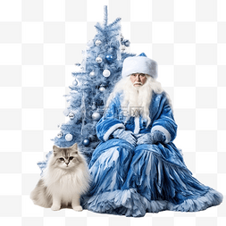 圣诞树附近穿着蓝色毛皮大衣的美