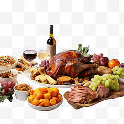 感恩节餐桌，配有烤肉蔬菜和水果