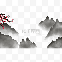 中式风景插画图片_中式水墨风格山水梅树