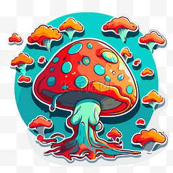 卡通蘑菇背景图片_蓝色背景云彩迷幻蘑菇贴纸 向量