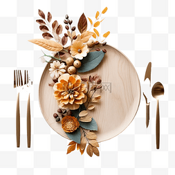 餐桌布格子布图片_平躺的感恩节餐桌布置，配有餐具