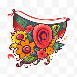 墨西哥卡通手绘图片_手绘墨西哥花卉标志设计与丝带和