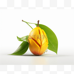带叶子的芒果图片_白色背景中带叶子和水滴的芒果