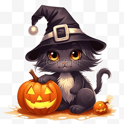 万圣节橙色图片_可爱俏皮的黑色小猫与快乐女巫侏